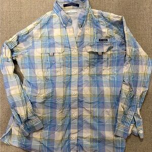 Columbia PFG Men's Light Blue and Yellow Plaid Shirt